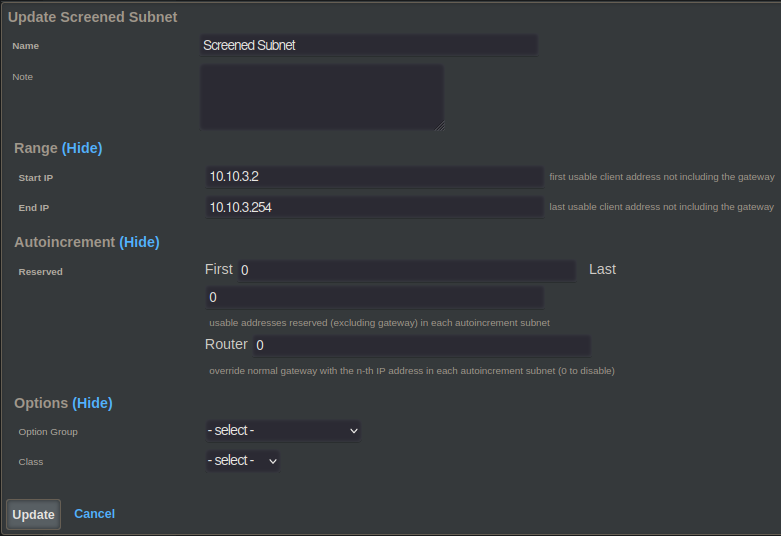 screened subnet dhcp pool